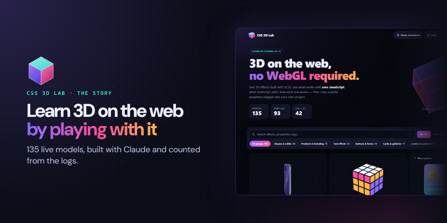 Dark cover with a dotted grid. On the left, the CSS 3D Lab glass cube logo and the title "Learn 3D on the web by playing with it", above the line "135 live models, built with Claude and counted from the logs." On the right, a screenshot of the live gallery: the headline "3D on the web, no WebGL required.", a see-through 3D cube, the search and filter bar, and the first model cards.